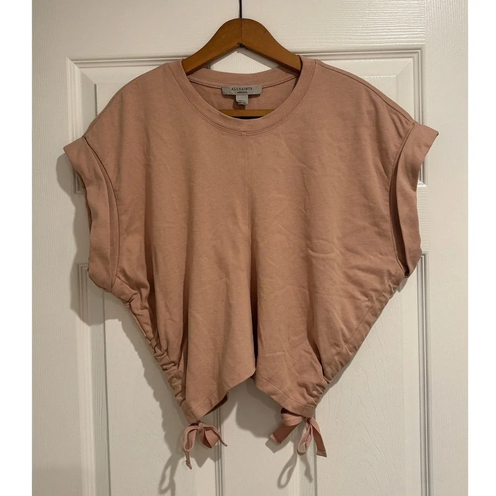 AllSaints Mira Tee in Lilac Ash Pink Organic Cotton Ruched Crop Size Medium - Picture 2 of 6